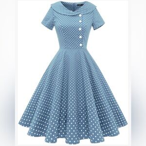 Wedtrend Womens Dress XL Blue, Polka dots Dressy Wide Collar Fit & Flare Buttons